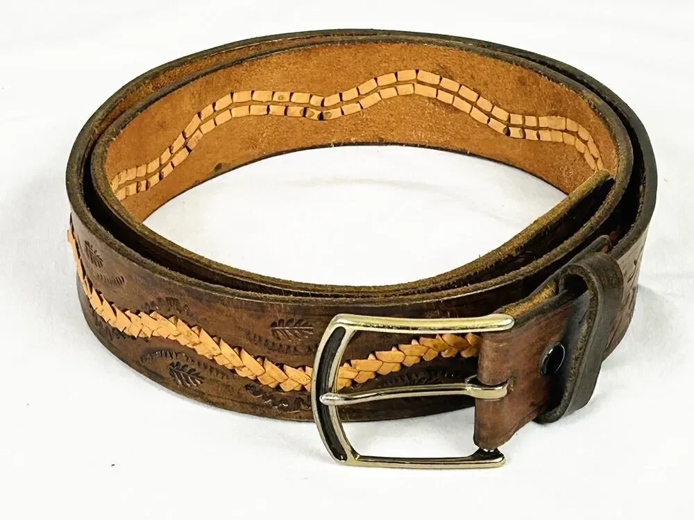 Tooled Leather Belt Leaf 2 Tone Western Design Brown Mens Sz 42